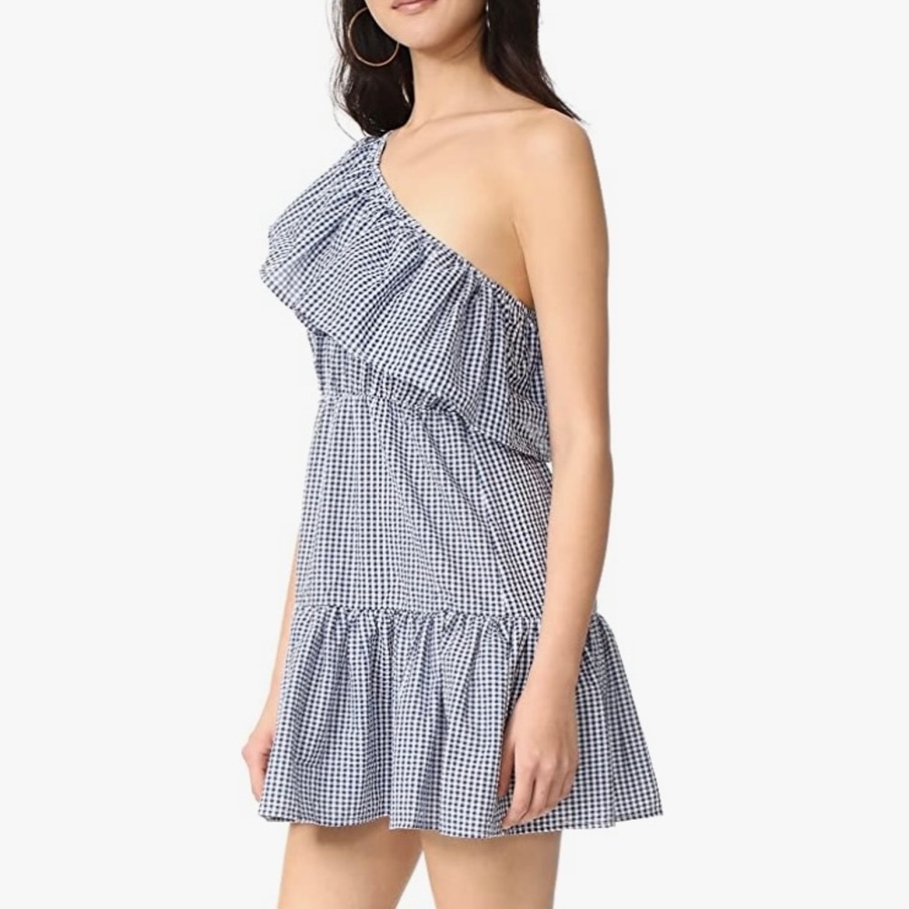 MINKPINK GINGHAM DRESS SUMMER LARGE ONE SHOULDER RUFFLE MINI WANDERER BLUE WHITE - Picture 14 of 15